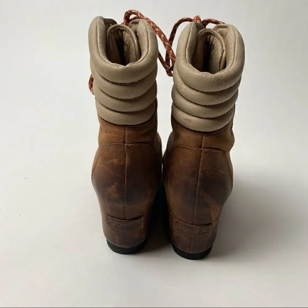 Sorel Conquest Wedge Ankle Boots Elk Camel Leather Lace Up 9.5 PDX